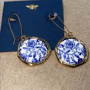 Anthropologie Gold and Blue Floral Earrings